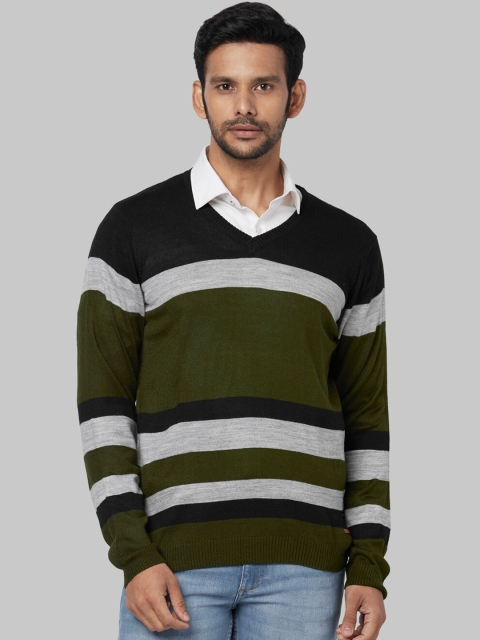 

Park Avenue Men Green & Grey Striped Pullover Sweater