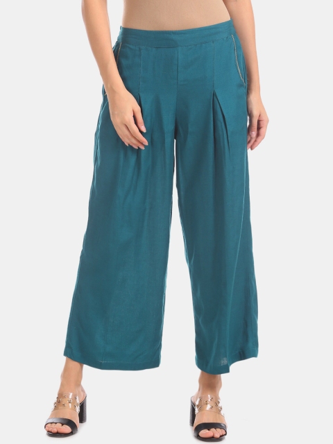 

Karigari Women Teal Blue Solid Straight Palazzos