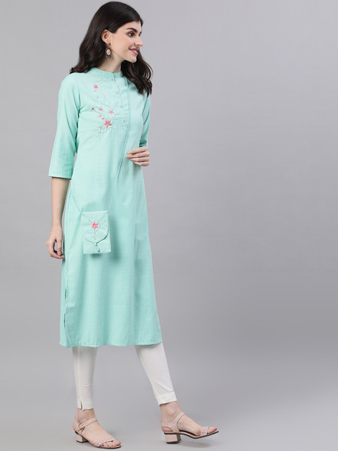 

Nayo Women Blue Embroidered Straight Kurta with Sling Bag