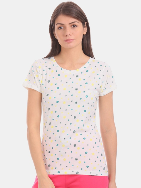 

Sugr Women Off-White & Blue Printed Round Neck T-shirt