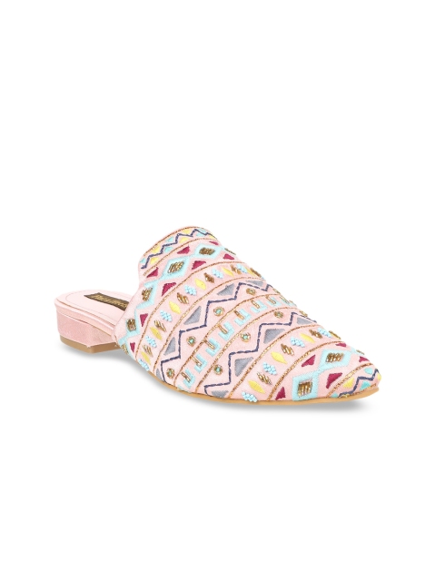 

Flat n Heels Women Pink Woven Design Fabric Mules