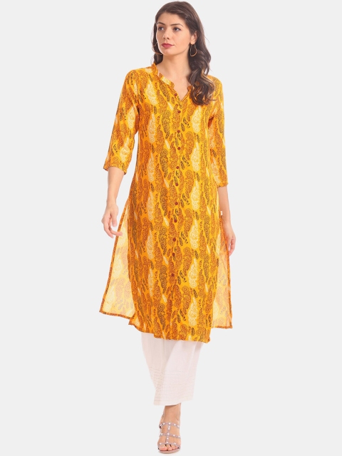 

Karigari Women Yellow Printed Straight Kurta