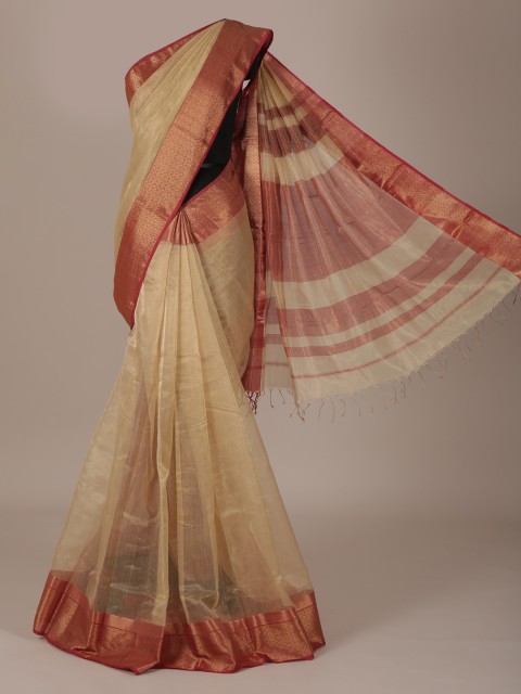 

Pothys Gold-Toned & Cream-Coloured Silk Cotton Solid Saree