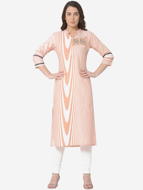 

Os Women Peach-Coloured & White Striped A-Line Kurta