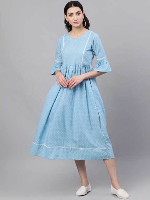 

Nayo Women Blue Polka Dot Printed Fit and Flare Dress
