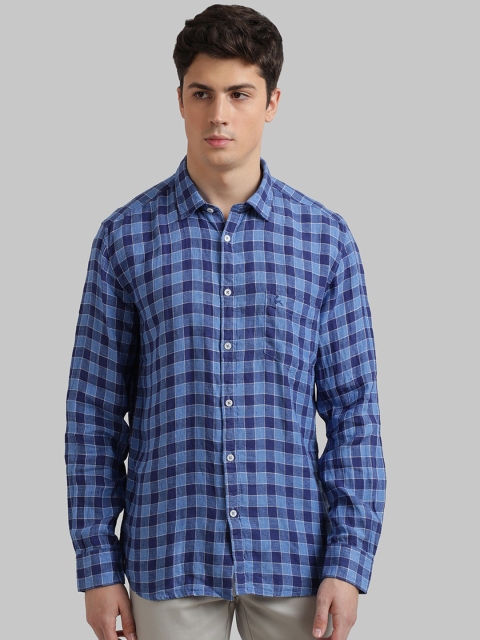 

Parx Men Blue Slim Fit Checked Casual Linen Shirt