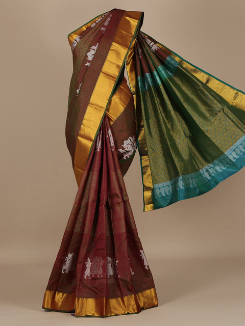 

Pothys Maroon & Gold-Toned Silk Blend Woven Design Saree