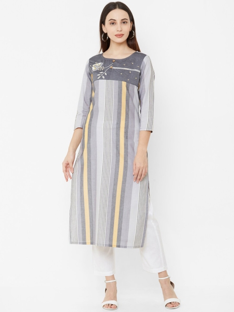 

Os Women Grey & Yellow Striped A-Line Kurta