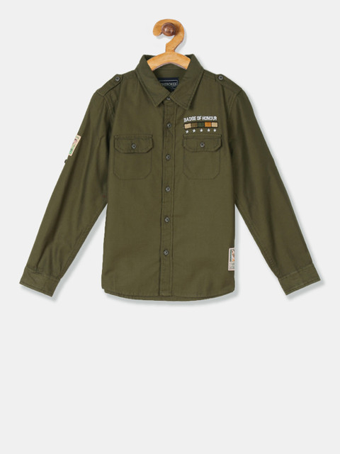 

Cherokee Boys Olive Green Regular Fit Solid Casual Shirt