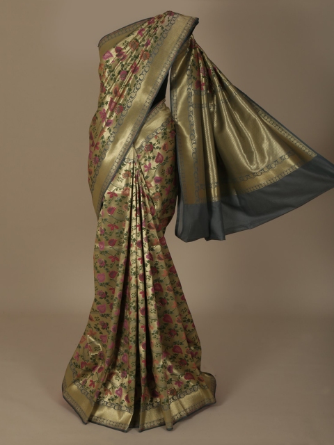 

Pothys Grey & Green Jute Silk Printed Saree
