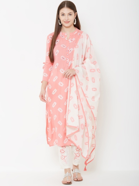 

FASHOR Women Peach-Coloured & White Embroidered Kurta with Trousers & Dupatta