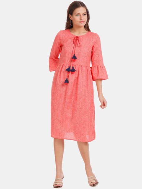 

Karigari Women Peach-Coloured Printed A-Line Dress