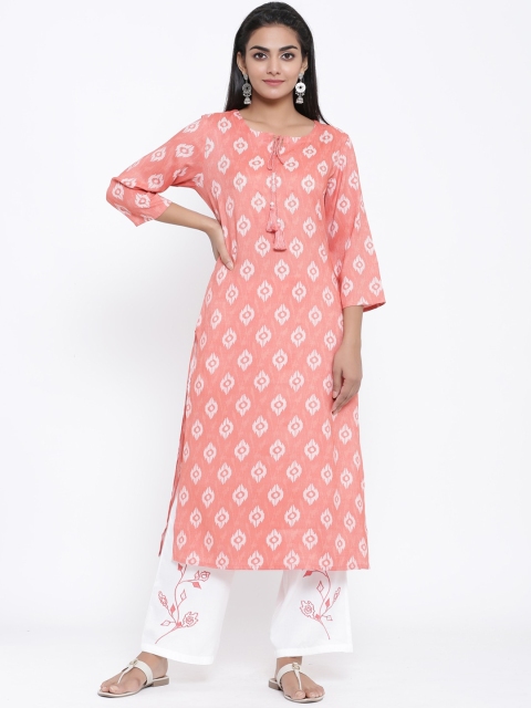 

PIROH Women Peach-Coloured & White Printed Kurta with Trousers
