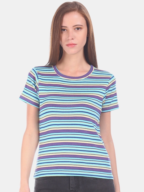 

Sugr Women Blue Striped Round Neck T-shirt