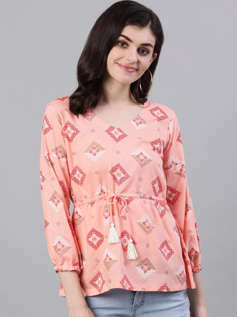 

Nayo Women Peach-Coloured Printed Cinched Waist Top