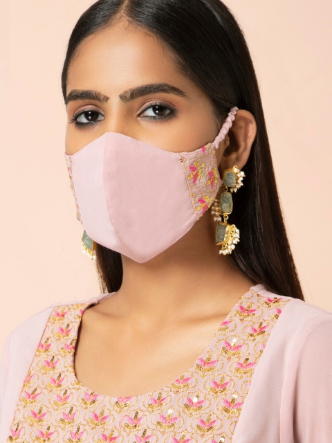INDYA Women Pink Zari Embroidered 2 Ply Round Reusable Mask