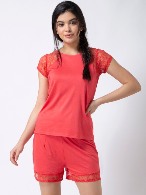 

ADORENITE Women Coral Solid Night Suit