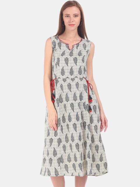 

Karigari Women Grey & Green Block Printed A-Line Dress
