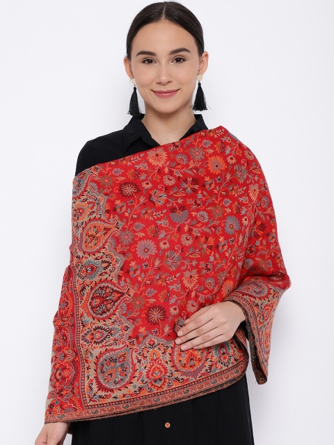 

Pashmoda Women Red & Blue Floral Woven-Design Jamawar Shawl