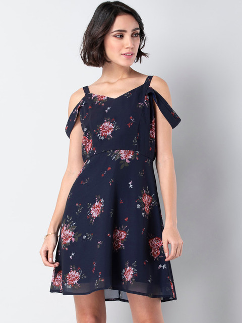 

FabAlley Women Navy Blue Floral Printed Fit and Flare Dress