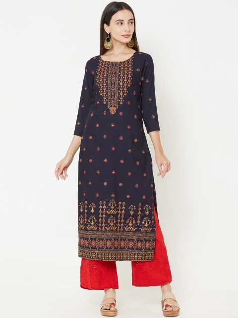 

FASHOR Women Blue Embroidered Straight Kurta