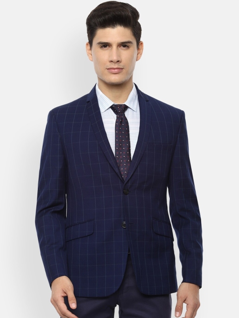 

V Dot Men Navy Checked Slim-Fit Single-Breasted Formal Blazer, Navy blue