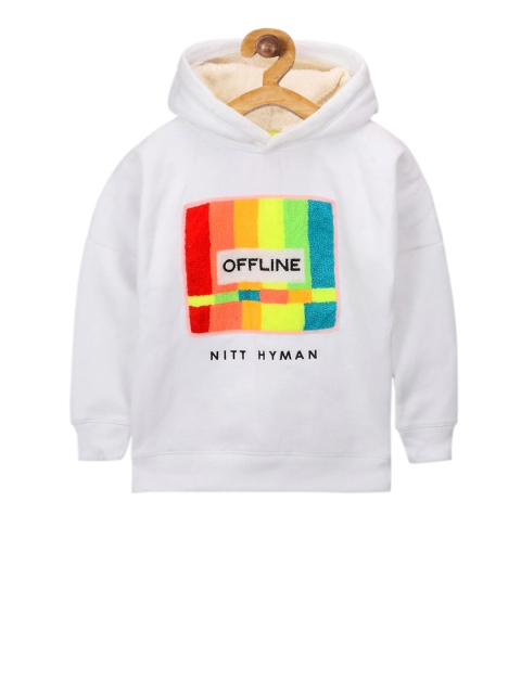 

Cherry Crumble Boys White Printed Hooded Sweatshirt