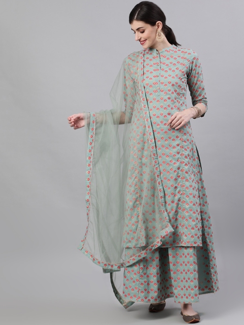 

Nayo Women Green & Red Printed Kurta with Skirt & Dupatta