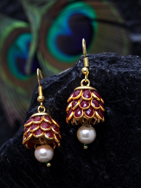 

DUGRISTYLE Maroon Gold Plated Handcrafted Dome Shaped Jhumkas
