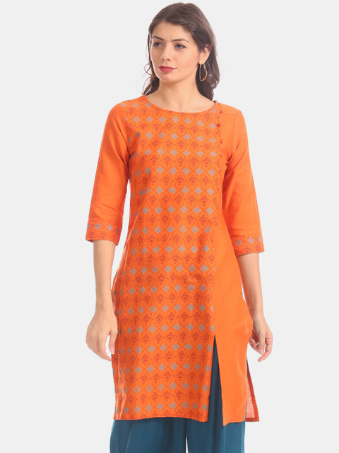 

Karigari Women Orange Printed Straight Kurta