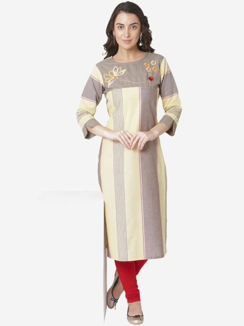 

Os Women Yellow & Taupe Colourblocked Straight Kurta