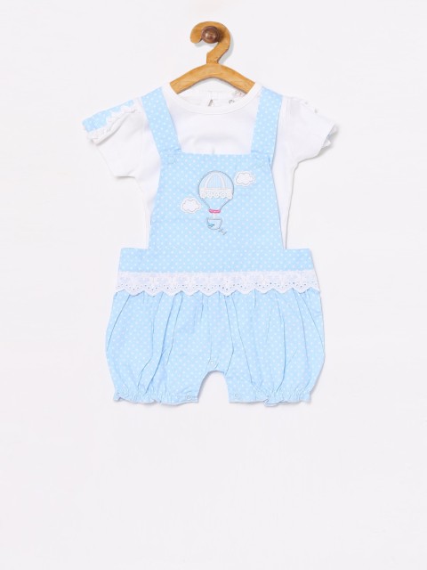 

BABY GO Girls Blue & White Printed Dungarees With T-Shirt