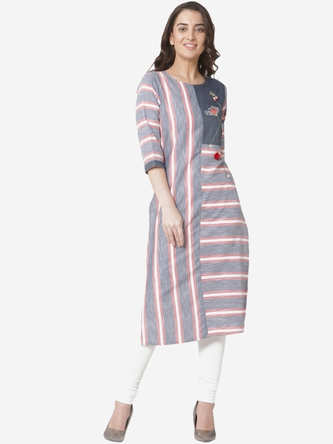 

Os Women Grey & Pink Striped A-Line Kurta