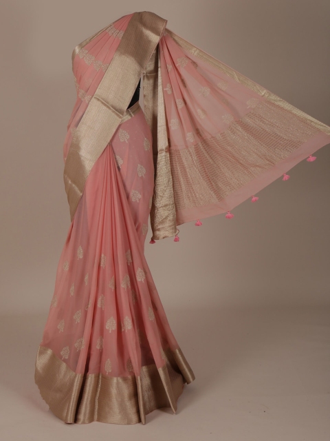 

Pothys Peach-Coloured & Gold-Toned Pure Chiffon Printed Saree