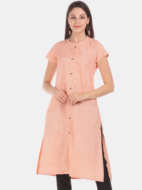 

Karigari Women Peach-Coloured Striped A-Line Kurta