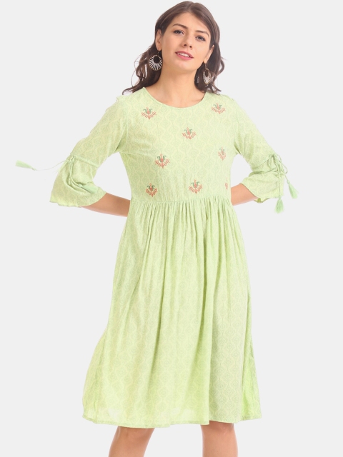 

Karigari Women Green Printed Fit And Flare Dress