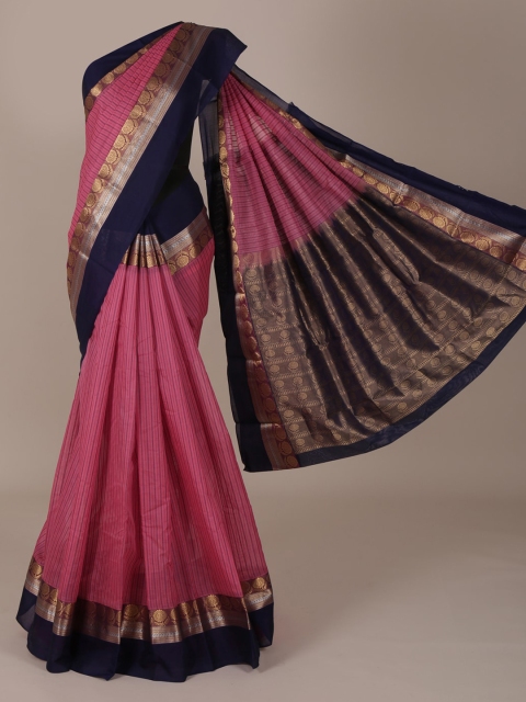 

Pothys Pink & Navy Blue Silk Cotton Striped Saree