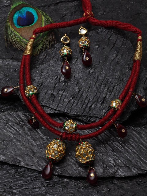 

DUGRISTYLE Sterling Silver Gold-Plated Red & White Ruby & Kundan-Studded Sustainable Handcrafted Jewellery Set