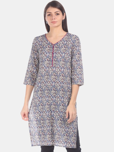 

Karigari Women Blue & Cream-Coloured Printed Straight Kurta