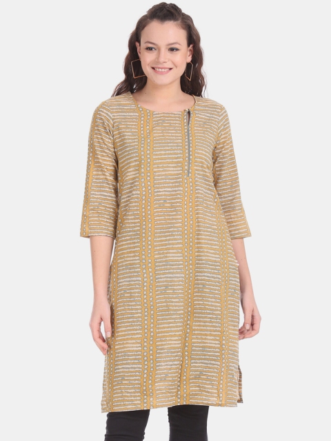 

Karigari Women Mustard Yellow & Grey Printed Straight Kurta