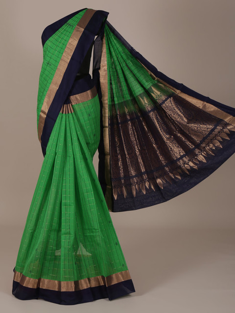 

Pothys Green & Black Silk Cotton Checked Saree