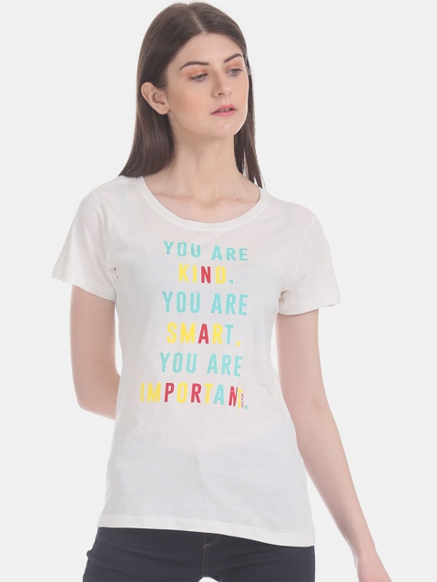 

Sugr Women White & Blue Printed Round Neck T-shirt
