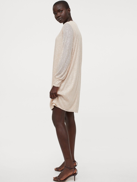 

H&M Women Beige Long-Sleeved Sequinned Dress
