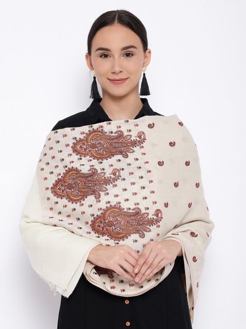 

Pashmoda Women White Embroidered Pure Wool Shawl
