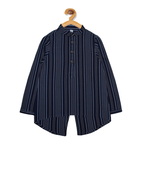 

KiddoPanti Girls Navy Blue Striped Shirt Style Pure Cotton Top