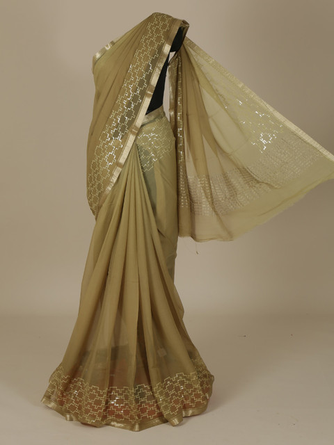 

Pothys Green & Gold-Toned Pure Chiffon Solid Saree