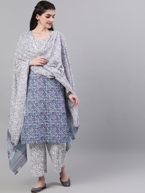 

Nayo Women Blue & White Printed Kurta with Trousers & Dupatta