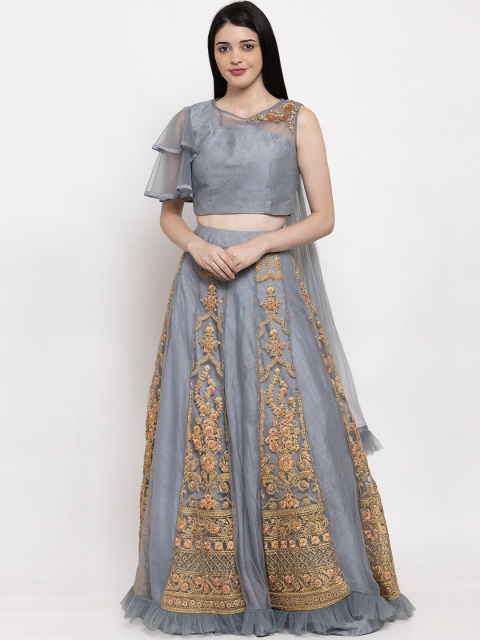 KHALOM Women Grey & Gold-Colored Embellished Ready to Wear Lehenga with Blouse