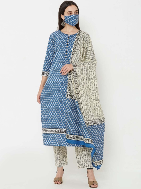 

FASHOR Women Blue Printed Kurta Set