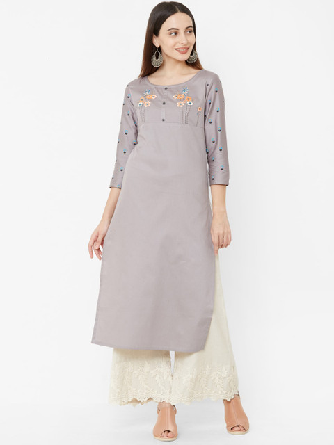 

Os Women Grey Embroidered Straight Kurta